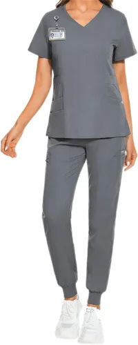 VIAOLI Conjunto de uniforme médico para mujer, cuello en V, 5 bolsillos y pantalones deportivos con múltiples bolsillos para enfermería y trabajo