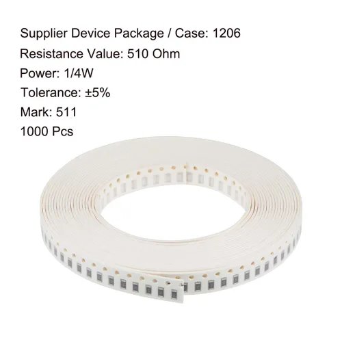 Miniatura 2 de uxcell Resistencia de chip de dispositivos montados en superficie, resistencias fijas 510 ohmios 1/4W 1206, 5% de tolerancia 1000 piezas