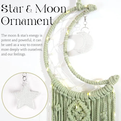 Miniatura 2 de ANROYE Colgante de pared tejido de macramé bohemio, crochet, luna creciente, estrella, atrapasueños con borla larga, algodón verde, hecho a mano