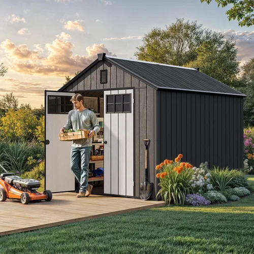 Miniatura 3 de YITAHOME Cobertizo de almacenamiento para exteriores de 8 x 10 pies con suelo, cobertizo de jardín de plástico extra grueso para bicicletas