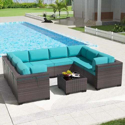 Miniatura 64 de Kullavik Juego de 13 muebles de patio al aire libre con mesa de fogata de gas propano de 43 pulgadas, 55000 BTU, mimbre de polietileno, sofá Arena