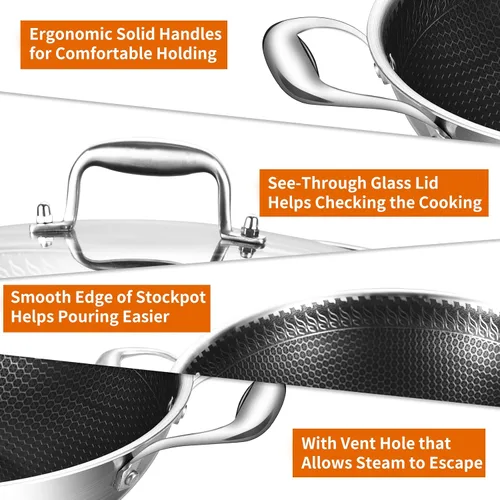 Miniatura 6 de DELARLO Wok con Tapa de 12 Pulgadas Wok Antiadherente, Apto para Horno Hasta 600℉, Woks y Sartenes para Freír Antiadherentes, Wok de Acero