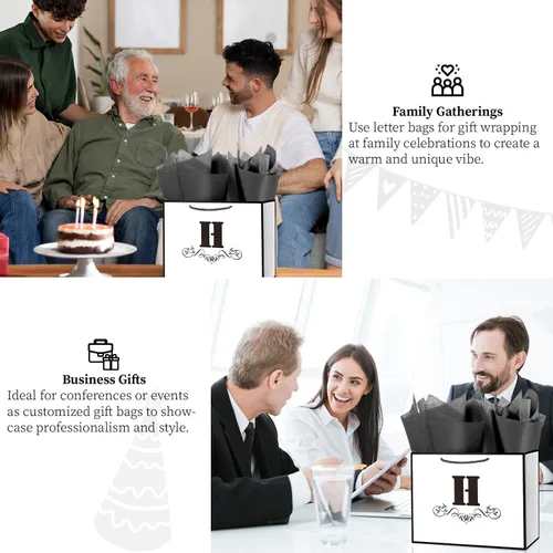 Miniatura 4 de ysmile Bolsa de regalo de letras con papel de seda para hombres, bolsa grande de 12 pulgadas, color blanco y negro, para cumpleaños, aniversario