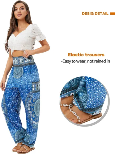 Miniatura 3 de QIANXIZHAN - Pantalones deportivos de tiro alto para mujer, diseño estilo harén bohemio con bolsillos, para yoga