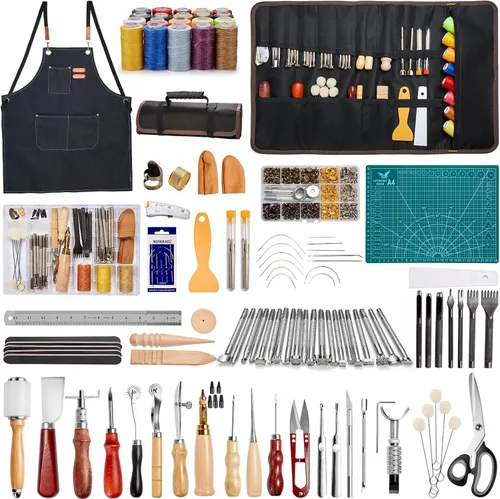 Kit de herramientas de cuero profesional Tuykay de 456 piezas, herramientas y suministros de trabajo de cuero con delantal y bolsa de