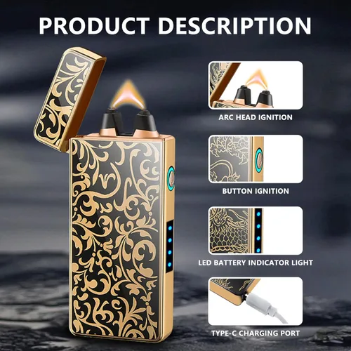 Miniatura 3 de Encendedor de arco resistente al viento, recargable por USB, plasma, sin llama con indicador de batería, ideal para velas, barbacoas y fuegos Flor