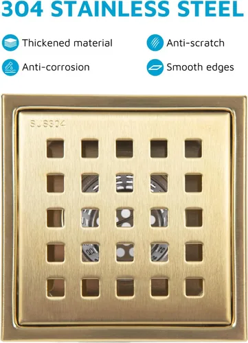 Miniatura 3 de Desagüe de ducha cuadrado de 4 pulgadas con brida, kit de drenaje de suelo de ducha de azulejos dorados cepillados, acero inoxidable 304, rejilla