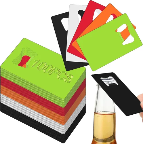 Miniatura 9 de Nuogo 100 abrebotellas de tarjetas de acero inoxidable, abrebotellas de metal a granel, abrelatas de cerveza para padrinos de boda, abrebotellas