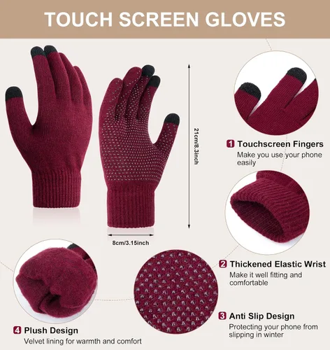 Miniatura 3 de YSense Conjunto de gorro de invierno para mujer, bufanda y guante, cálido forro polar con pompones, calentador de cuello y guantes para pantalla