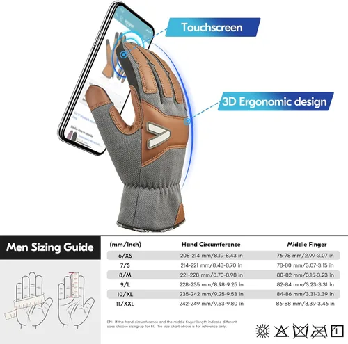 Miniatura 6 de Vgo... Guantes de trabajo para hombres, guantes de trabajo de seguridad de cuero, protección contra arañazos, a prueba de espinas, pantalla táctil