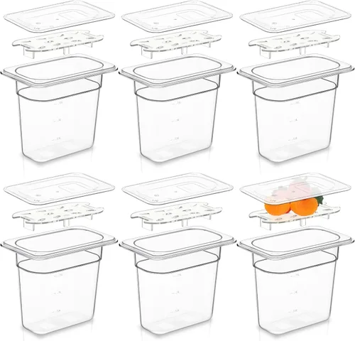 Sunnyray Juego de 6 sartenes de policarbonato de tamaño 1/9 con tapas y estante de drenaje, recipientes cuadrados profundos para almacenamiento de