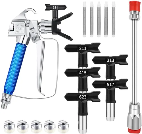 Pistola pulverizadora de pintura sin aire de 3600 PSI con protector de boquilla y 5 puntas de boquilla de pulverización (211, 313, 415, 517, 623) y