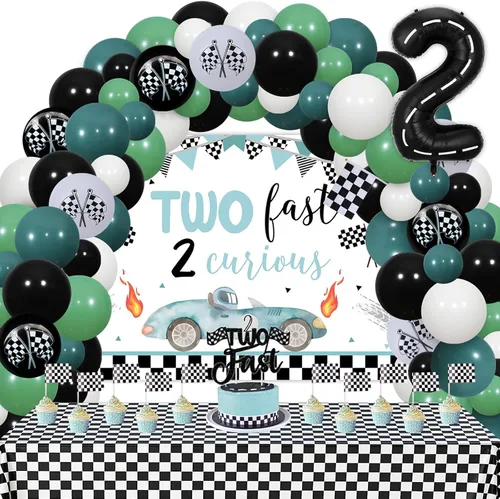 Two Fast Two Curious - Decoraciones de cumpleaños de 2 años, decoración de segundo cumpleaños de auto de carreras, globos vintage, telón de fondo de