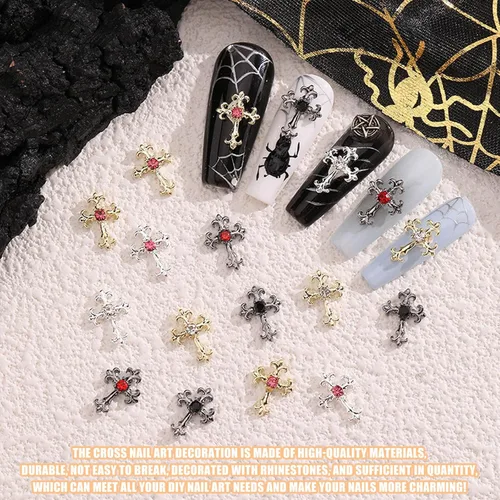 Miniatura 3 de Dijes de cruz 3D, 60 piezas de decoración de uñas de cruz de cristal dorado y plateado para arte de uñas, dijes de cruz de diamantes de imitación