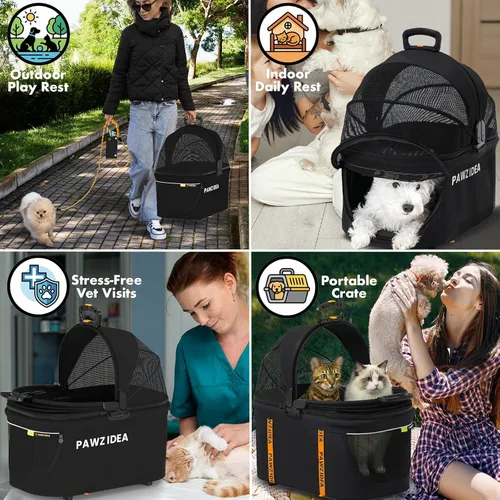 Miniatura 7 de PAWZIDEA Carriola doble para mascotas con 2 portamascotas desmontables, jaula portátil para perros para viajes en automóvil y porta gatos expandible