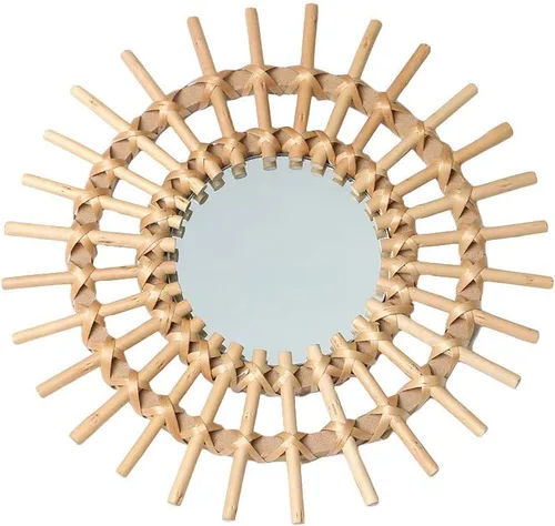 OYPEIP Decoración de cristal colgante de ratán natural pequeño de 12 pulgadas, diseño rústico hecho a mano, innovador espejo de maquillaje redondo