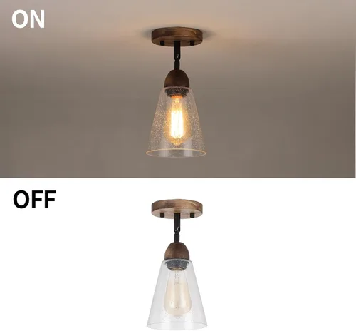 Miniatura 7 de Lámpara de techo rústica de cristal empotrado, mini pantalla de vidrio transparente y madera de roble, lámpara de techo semiempotrada para cocina