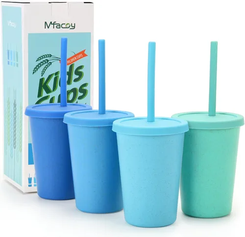 Mfacoy Paquete de 4 vasos de paja de trigo con tapa y pajitas, vaso irrompible de 10 onzas para niños, vasos reutilizables para beber, vaso pequeño