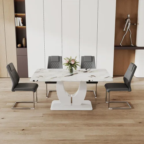 Miniatura 11 de JUFU Moderno juego de mesa de comedor y 4 sillas, juego de mesa de comedor de mármol sintético blanco para 4, juego de mesa de comedor y 4 sillas