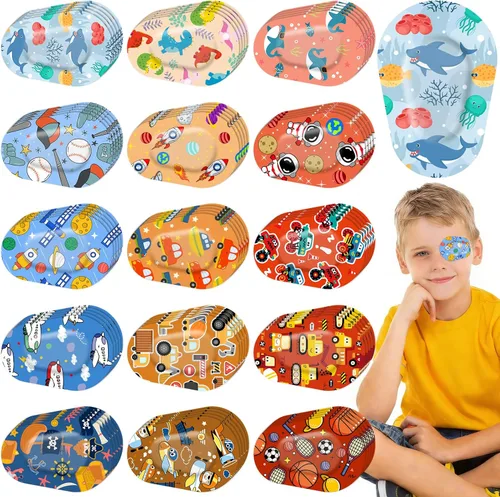 75 parches adhesivos para los ojos para niños y niños, 15 estilos lindos, 3 x 2 pulgadas, sin látex, parche adhesivo de algodón transpirable para