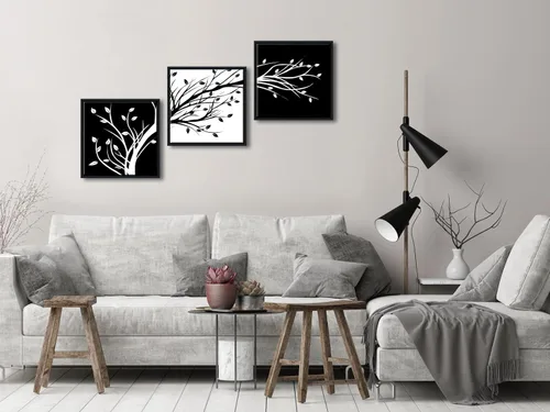 Miniatura 3 de Wieco Art - Hojas enmarcadas modernas de 3 paneles, arte de flores en lienzo, impresiones en negro y blanco, árboles florales abstractos, pinturas