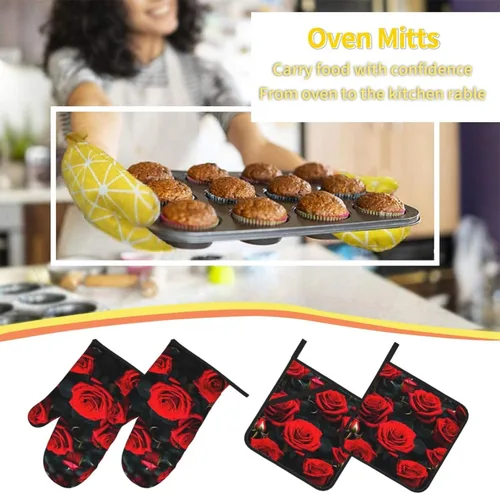 Miniatura 7 de Juego de manoplas y salvamanteles antideslizantes para horno y salvamanteles con diseño de rosas rojas, resistentes al agua, para hornear a