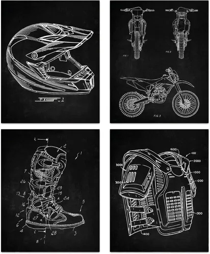Arte de pared de patente para motocicleta, motocross, lienzo vintage, armadura de cuerpo de casco, botas de motocicleta, impresiones artísticas para