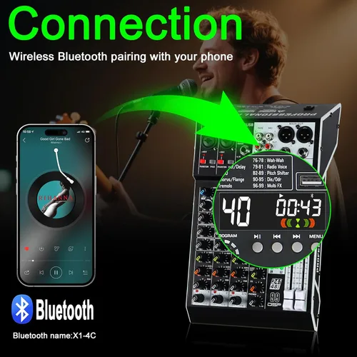 Miniatura 4 de Mezclador de audio de 4 canales, consola mezcladora de sonido profesional con 99 efectos DSP, mezclador de DJ pequeño con USB, Bluetooth, fuente