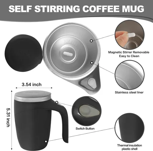 Miniatura 2 de Taza de café con agitación magnética automática, taza giratoria para mezcla en casa, oficina y viaje, divertida taza eléctrica de acero inoxidable