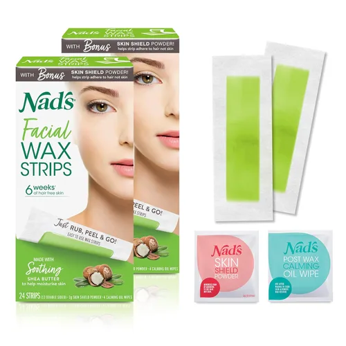 Nad's Tiras de cera facial, depilación facial para mujeres, kit de depilación con 48 tiras de cera facial + 8 toallitas de aceite calmante + polvo