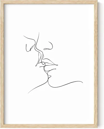 HAUS AND HUES Arte de pared de pareja besándose, arte de línea minimalista, póster de silueta romántica, decoración de pared de dormitorio (marco
