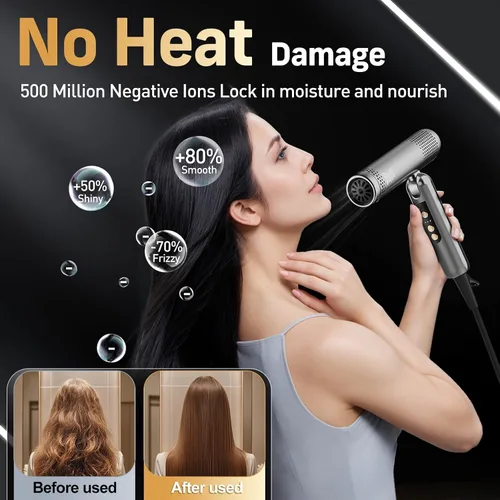 Miniatura 3 de Quico Secador de pelo de viaje de doble voltaje, 120,000 rpm, secador de pelo de bolsillo BLDC de secado rápido para mujeres con concentrador
