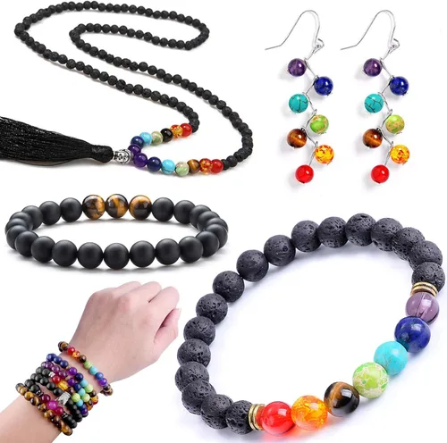 Miniatura 6 de EuTengHao Juego de 810 cuentas de roca de lava de color, cuentas de chakras espaciadoras con cuerda de cristal de piedras preciosas volcánicas
