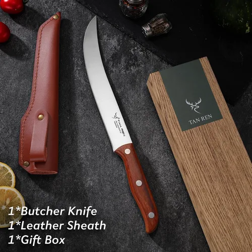 Miniatura 6 de TAN REN Cuchillo para romper carnicero de 8 pulgadas, acero inoxidable para cortar carne, corte de pechuga con funda, mango de madera ergonómico