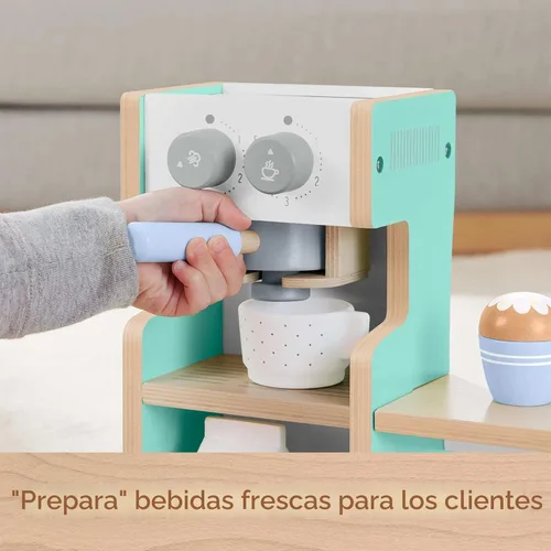 Miniatura 4 de Fisher-Price Wood Pretend Play Coffee Shop & Toy Register, juego de comida de madera de 20 piezas para niños preescolares a partir de 3 años