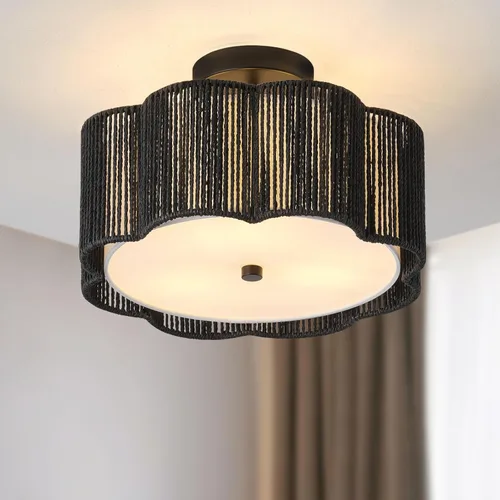 Miniatura 13 de Lámpara de Techo Empotrada de Ratán de 17.7", Luminaria de Techo Boho de 3 Luces Cerca del Techo, Lámpara de Techo de Ratán para Dormitorio, Amarillo