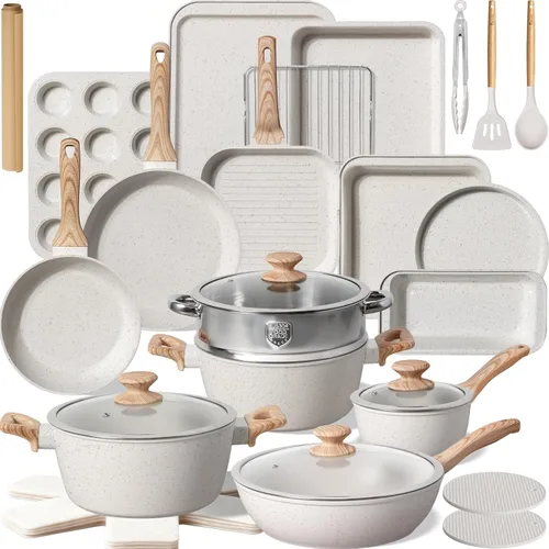 Kikcoin Juego de Ollas y Sartenes Antiadherentes de 31 Piezas para Cocina, Incluye Sartén para Asar, Cacerola, Bandeja para Hornear y Utensilios,
