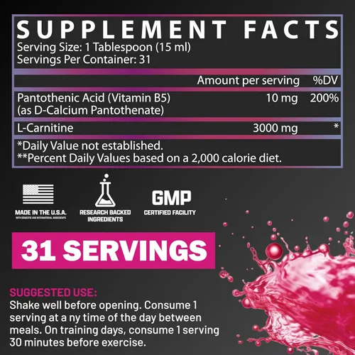 Miniatura 2 de Nutrex Research L-Carnitina 3000 (31 porciones, Berry Blast) Disparos líquidos, sin estimulantes Apoya la recuperación muscular para hombres