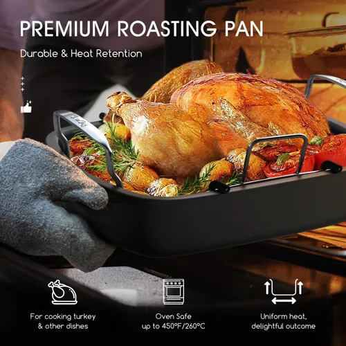 Miniatura 5 de Sartén antiadherente para asar pavos con estante, sartén para pavo de 17 x 13 pulgadas, sartén grande para carne y verduras, (plateado)