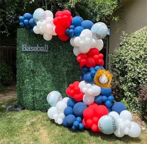 Miniatura 2 de Kit de guirnalda de arco de globos de béisbol, kit de guirnalda de arco de globos rojos, blancos y azules para fiestas deportivas, cumpleaños