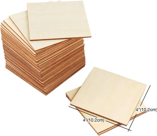 Piezas de madera sin terminar, 50 piezas de azulejos de madera recortados de 4 x 4 pulgadas, rebanadas de madera en blanco, cuadrados de madera para
