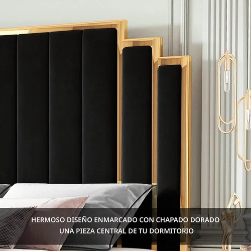 Miniatura 3 de HOWE Base de cama tamaño Queen y cabecera de 61 pulgadas, cama tapizada con borde chapado en oro, cama de plataforma moderna, no necesita somier
