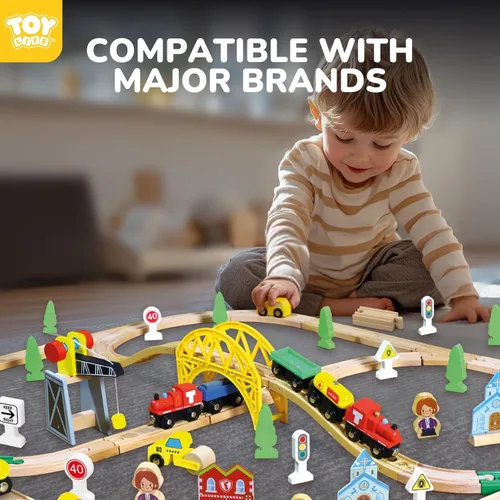 Miniatura 3 de TOY Life Juego de tren de madera, 60 piezas con grúa magnética, juguetes de madera para niños y niñas de 3, 4, 5, 3 años, juguetes de madera
