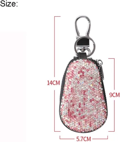 Miniatura 3 de Funda para llave de coche, multifuncional, con cierre y mosquetón, piel con brillantes, color rosa