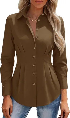Miniatura 17 de siliteelon Camisas con botones para mujer, cintura ceñida, camisa de vestir de algodón de manga larga para negocios, casual, trabajo, oficina