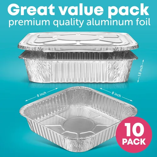 Miniatura 3 de 8x8 Sartenes desechables de aluminio con tapas - 10 unidades de sartenes de papel de aluminio para cocinar, hornear pasteles, asar y panes caseros