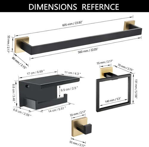 Miniatura 6 de Juego de 5 piezas de accesorios de baño, juego de toallero negro y dorado, soporte de papel higiénico con estante, juego de toallero en el baño