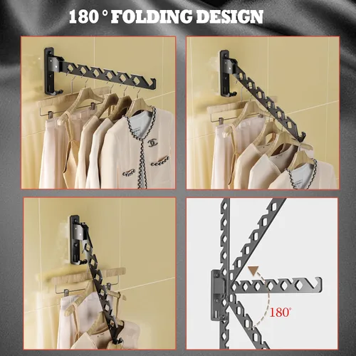 Miniatura 4 de Soporte para colgar abrigos de pared, organizador de secado de ropa negro, ganchos de aluminio retráctiles plegables para interiores para colgar