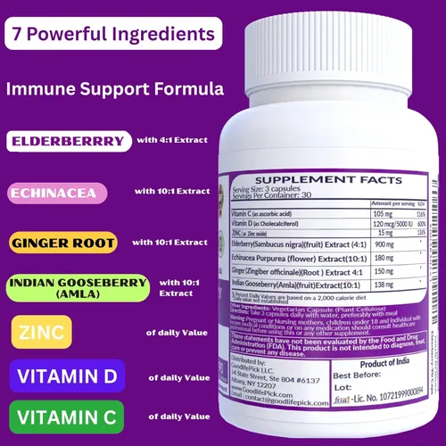 Miniatura 4 de 7 veces saúco con zinc, vitamina C, vitamina D, equinácea, jengibre y grosella espinosa india (Amla). Cápsulas de saúco prémium de 90