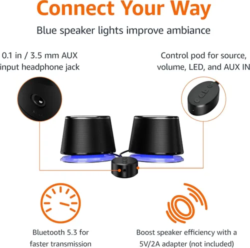 Miniatura 2 de Amazon Basics Altavoces Bluetooth para computadora con USB 3.0, iluminación LED azul, control de volumen, alimentación por USB, juego de 2